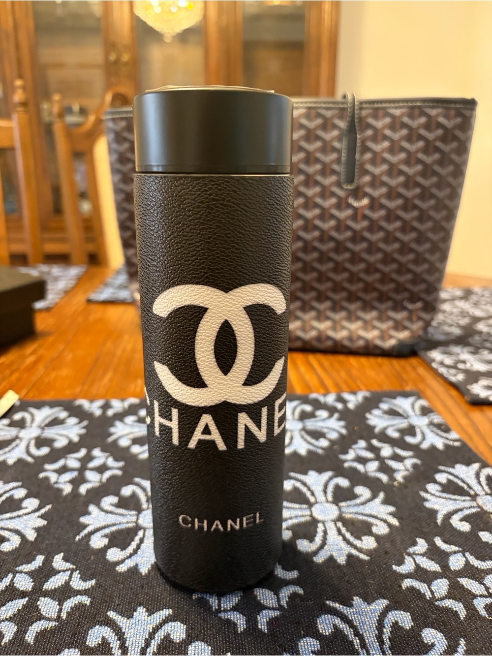 CHANEL Black Logo Travel Tumbler - Faux Leather Insulated Bottle